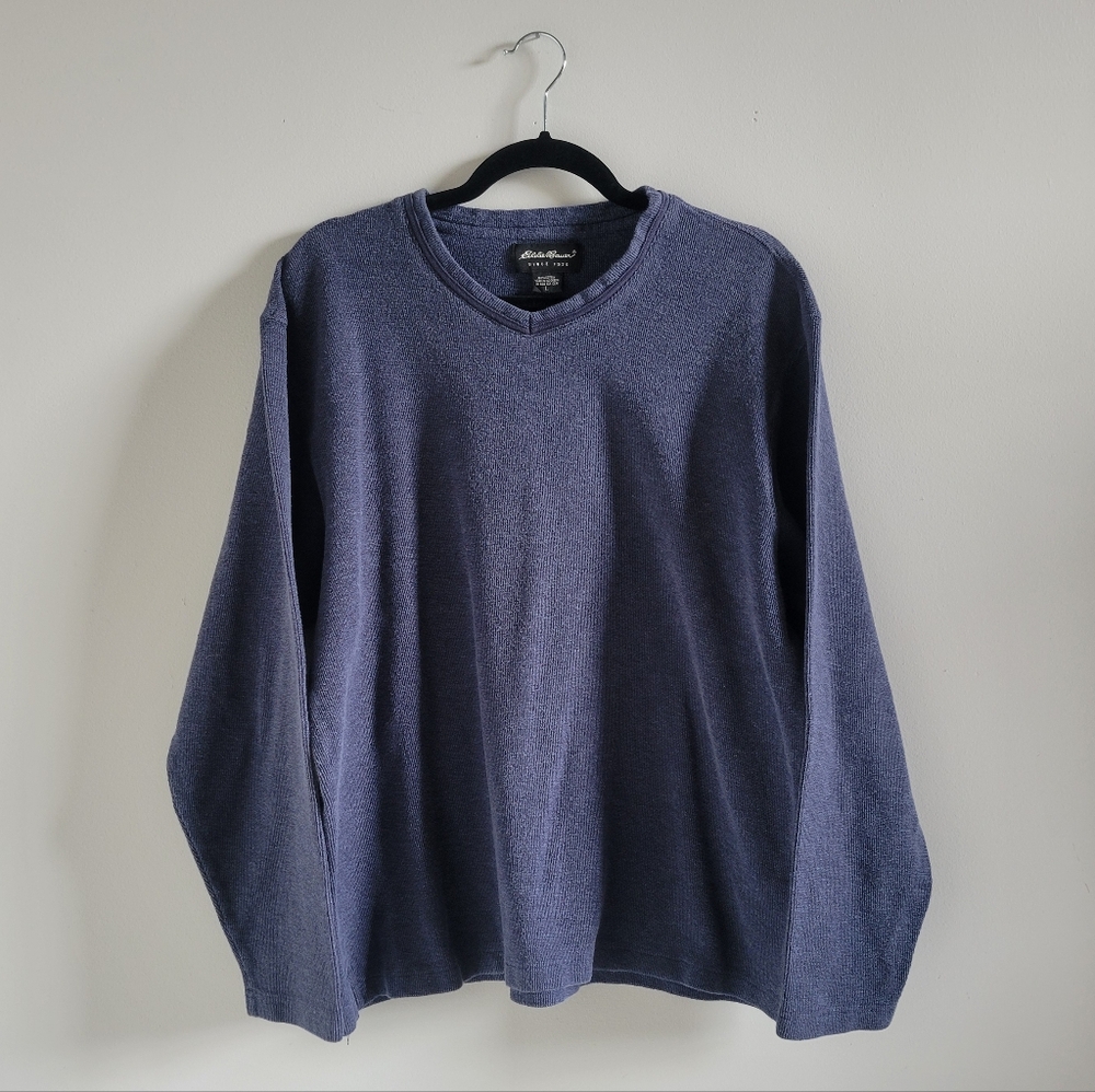 Vintage Eddie Bauer Dusty Blue V-neck 100% Cotton Knit Long Sleeve Mens Large - Picture 1 of 10